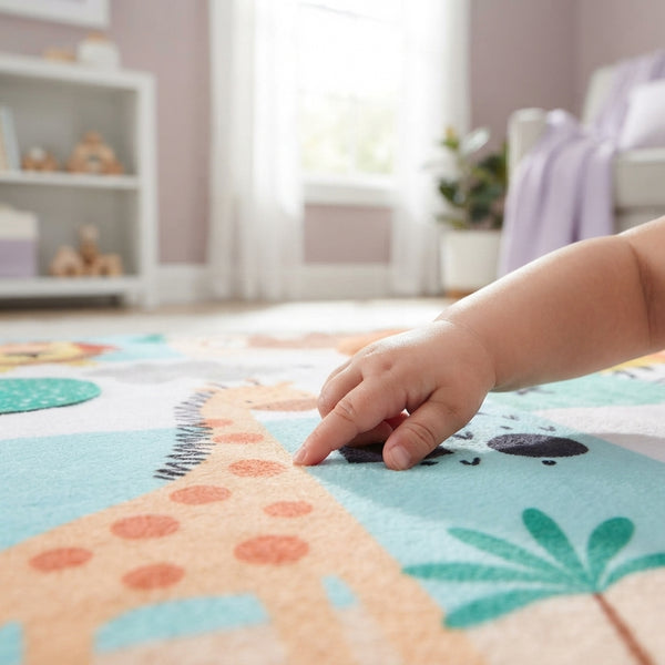 A close-up view of a baby's hand resting on a soft, high-quality fabric play mat in a bright, clean nursery.