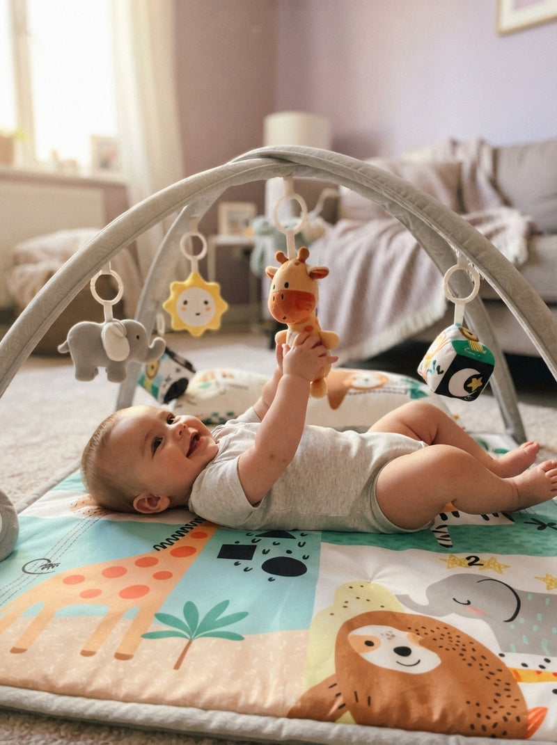 A baby happily playing on a safari-themed activity mat in a sunlit living room.